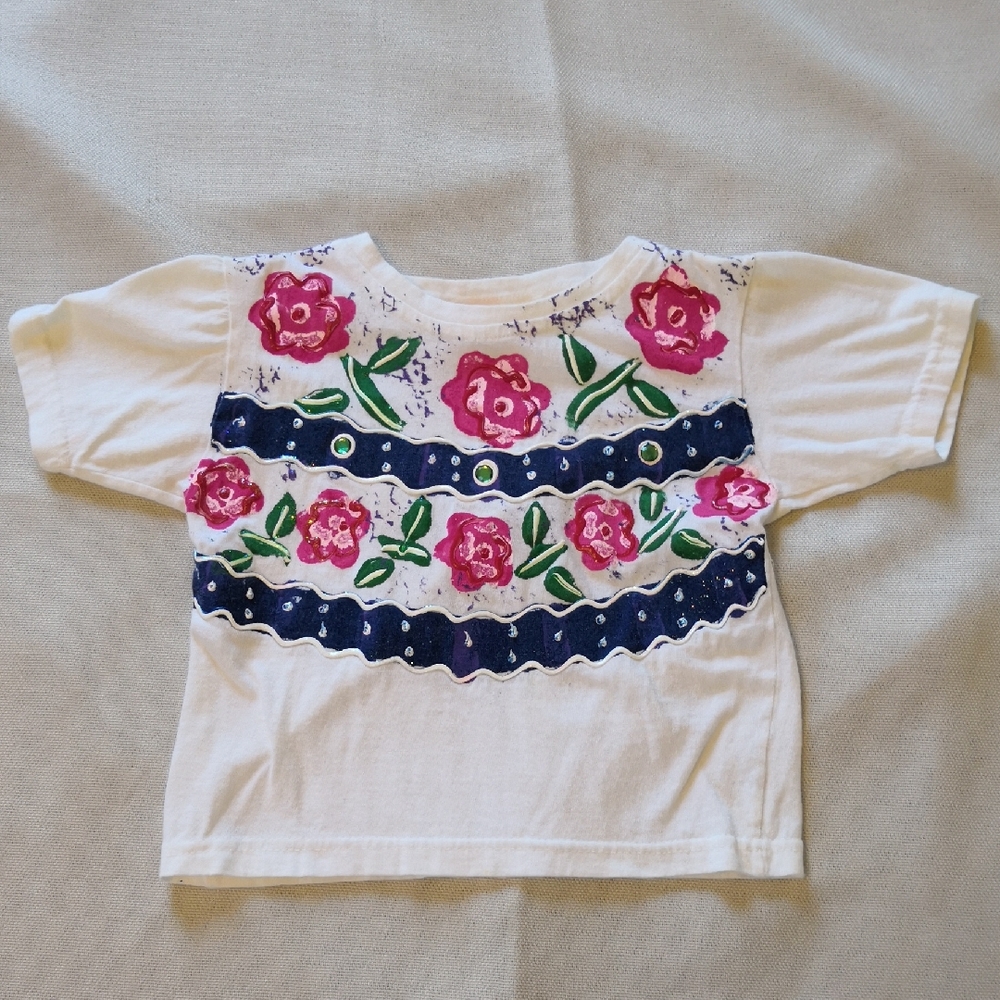 Vintage Casey Kids Puffy Paint Floral Tee with Pink Blue Glitter and Gems